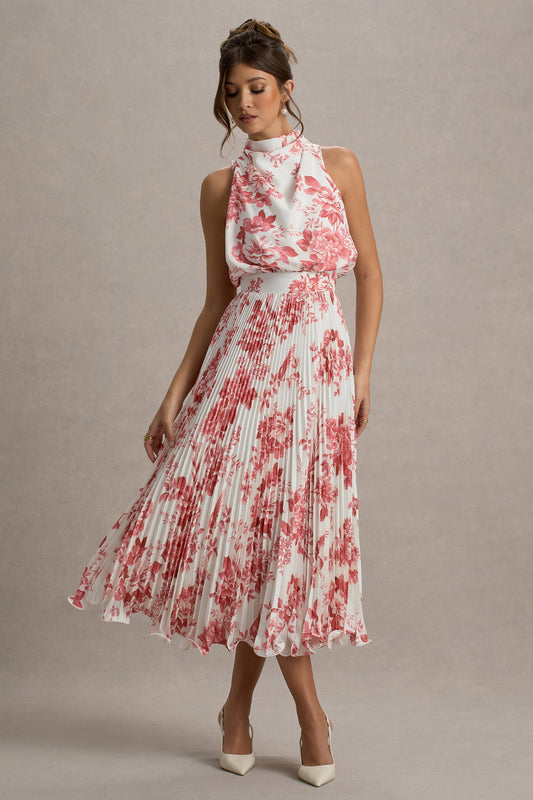 Nila | Vestido midi con estampado floral en colores crema y escote con caída