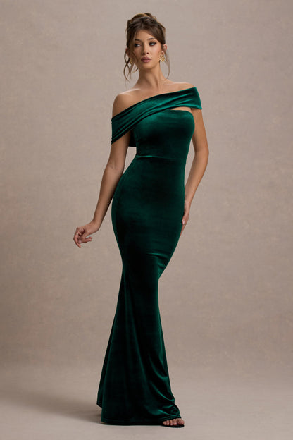 Candela |Vestido largo de Terciopelo verde botella con Escote Bardot Asimétrico