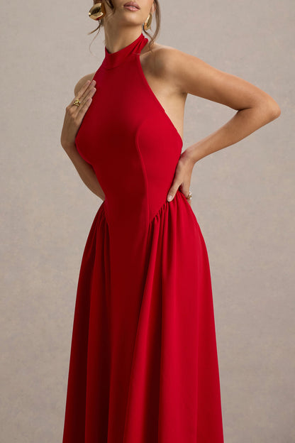 Cynthia | Vestido largo Rojo con Escote Alto y Falda Voluminosa