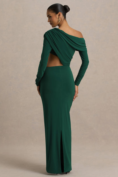 Mikayla | Vestido Largo Verde Oscuro De Escote Asimétrico Con Falda Cruzada Y Recorte