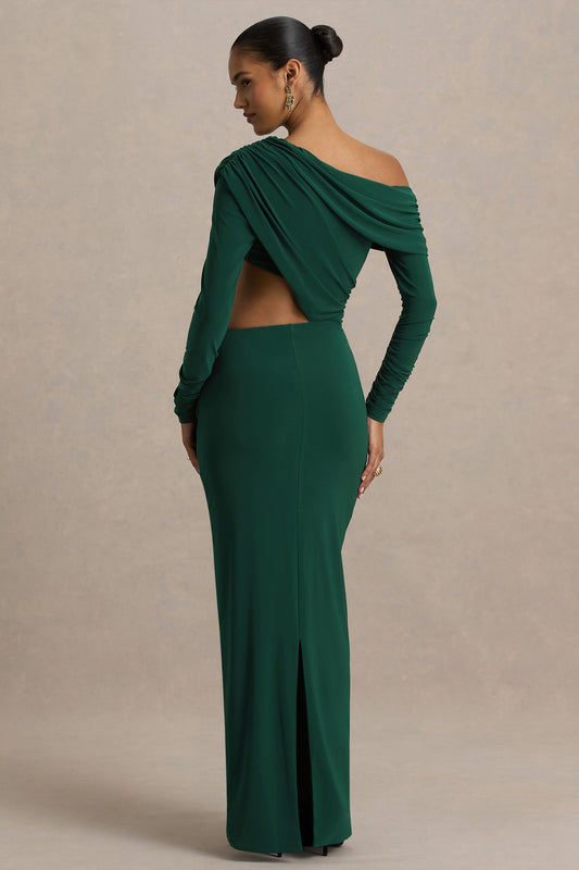 Mikayla | Vestido Largo Verde Oscuro De Escote Asimétrico Con Falda Cruzada Y Recorte