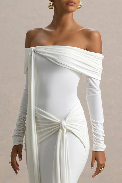 Jovie | Vestido largo blanco entallado con detalles de nudo y drapeado