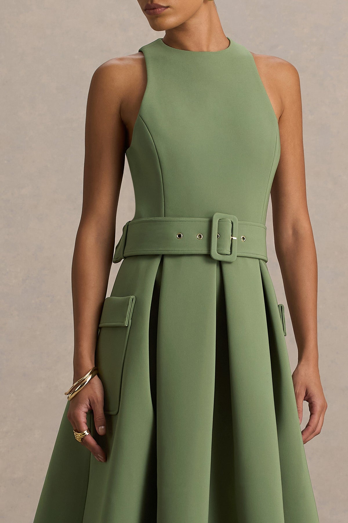 Elisia | Vestido Midi Verde Oliva con Escote Redondo y Cinturón