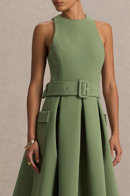 Elisia | Vestido Midi Verde Oliva con Escote Redondo y Cinturón