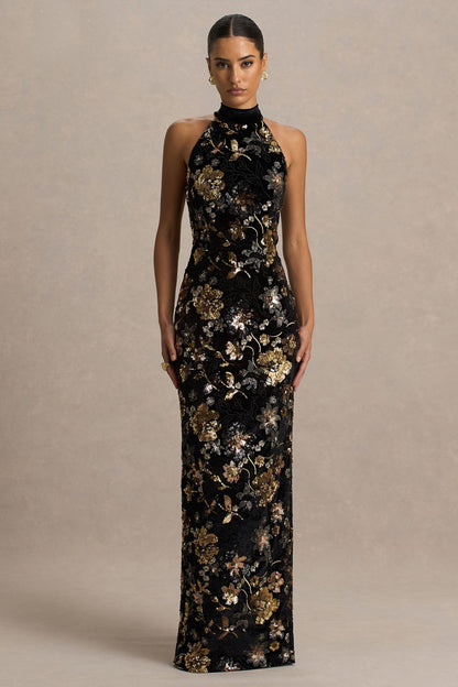 Tate | Vestido Largo de Terciopelo Negro con Escote Halter y Lentejuelas Florales en Bronce