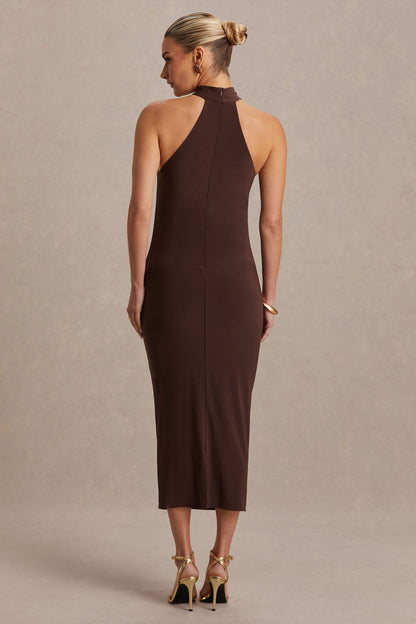 Mireille | Vestido Midi Premamá Marrón con Escote Halter
