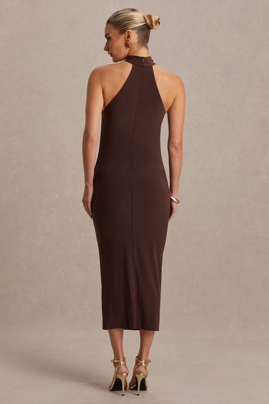 Mireille | Vestido Midi Premamá Marrón con Escote Halter