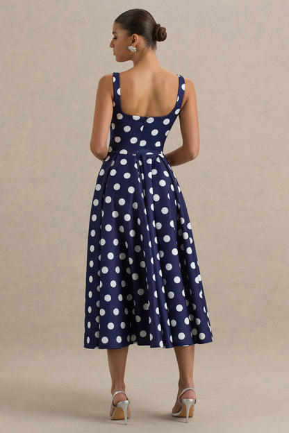 Berta | Vestido midi azul marino con lunares balanco y falda con volumen