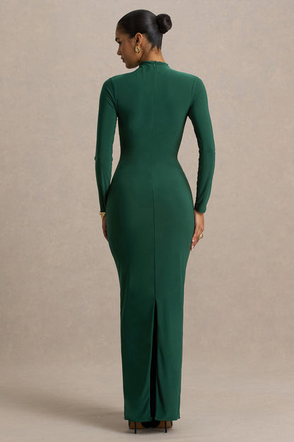 Zadie | Vestido Largo verde azulado de cuello alto con detalle fruncido
