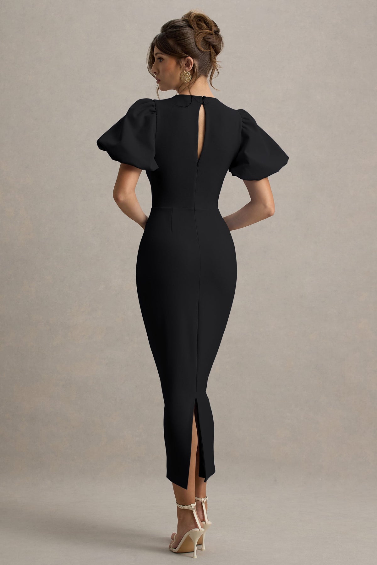 Dakota |  Vestido midi negro con mangas abullonadas