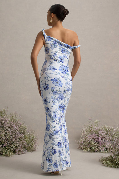 Lita | Vestido largo de Maternidad Floral Azul con Escote Asimétrico Torcido