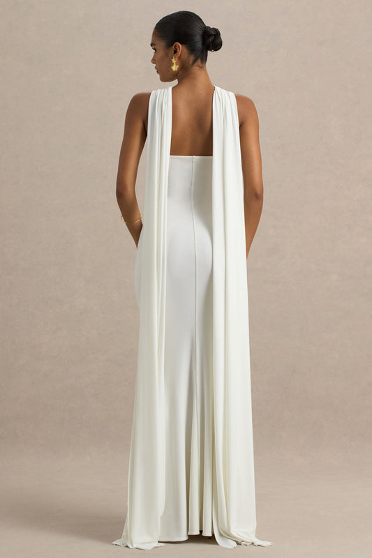 Rhoda | Vestido Largo Blanco con Cuello Halter Torcido y Capa