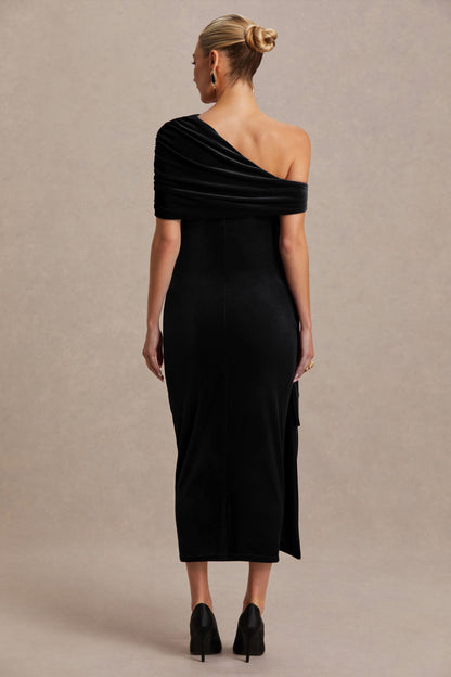 Zena | Vestido Midi Premamá de Terciopelo Negro con Escote Asimétrico y Detalle de Nudo y Fajín