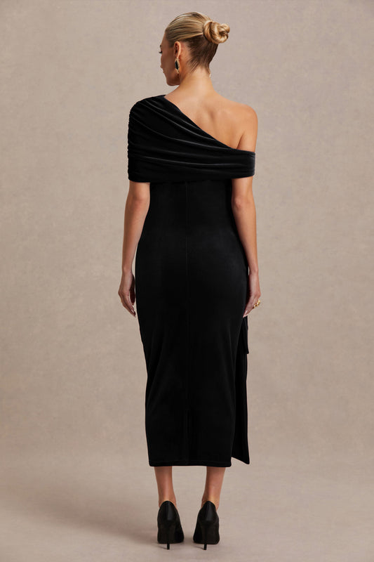 Zena | Vestido Midi Premamá de Terciopelo Negro con Escote Asimétrico y Detalle de Nudo y Fajín