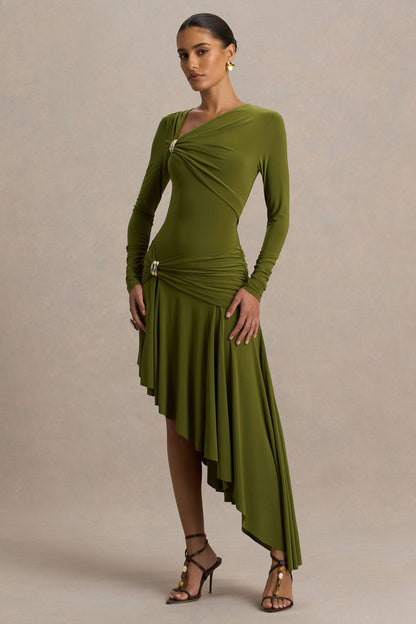 Alexia | Vestido Largo Verde De Escote Asimétrico Con Apliques y Detalle Fruncido