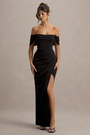 Annie | Vestido largo negro satinado con escote bardot y detalles fruncidos