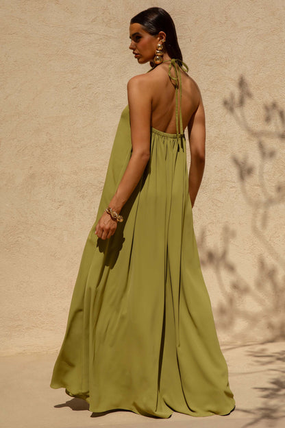 Zyon | Vestido largo con detalle de cuentas doradas en verde