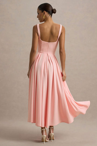Parina | Vestido midi rosa claro con escote cuadrado y falda voluminosa