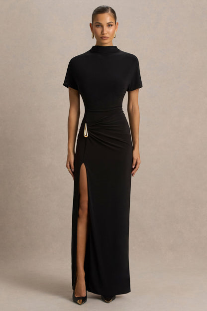 Arlena | Vestido Largo Negro con Escote Alto y Detalle Envolvente