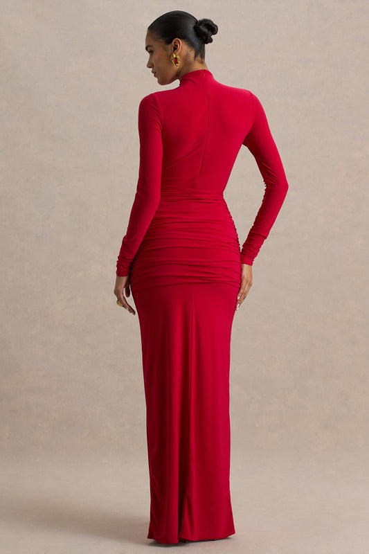 Alula | Vestido Rojo Largo con Cuello Alto y Detalle de Giro en el centro
