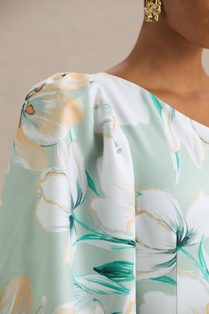 Kellis | Vestido largo Asimétrico con Manga Abullonada en Estampado Floral Verde