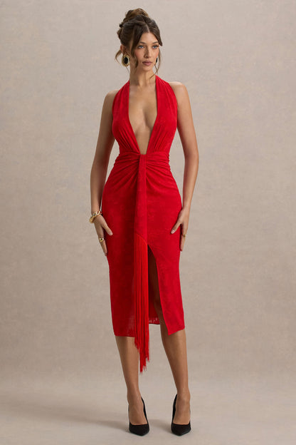 Auria | Vestido rojo midi con escote pronunciado y detalle de nudo con flecos