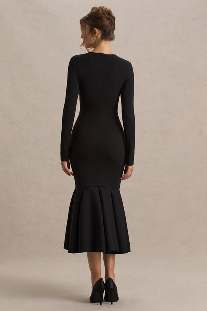 Liberty | Vestido midi negro con mangas largas y bajo con volante