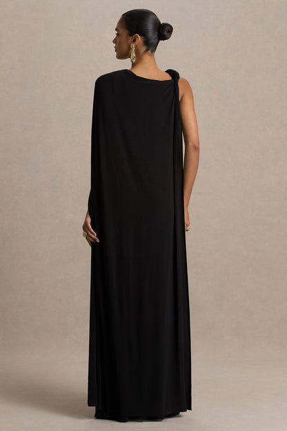 Cressida | Vestido Largo negro con escote asimétrico y manga tipo capa
