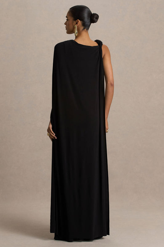 Cressida | Vestido Largo negro con escote asimétrico y manga tipo capa