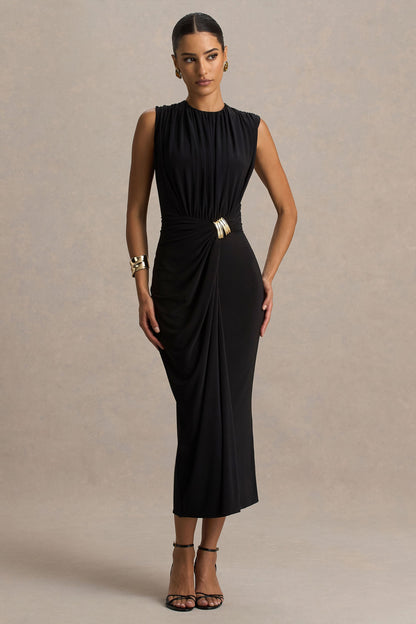 Harlow | Vestido midi negro con escote alto y falda cruzada