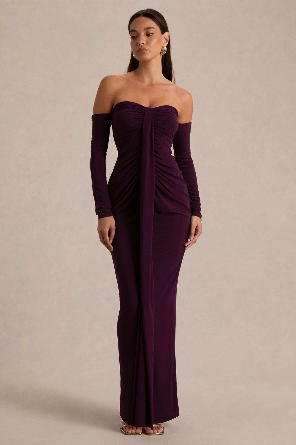 Harper | Vestido Largo Ciruela de Escote Bardot