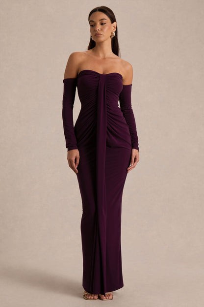 Harper | Vestido Largo Ciruela de Escote Bardot