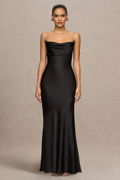 Maelia | Vestido largo de satén negro con escote drapeado y tirantes adornados