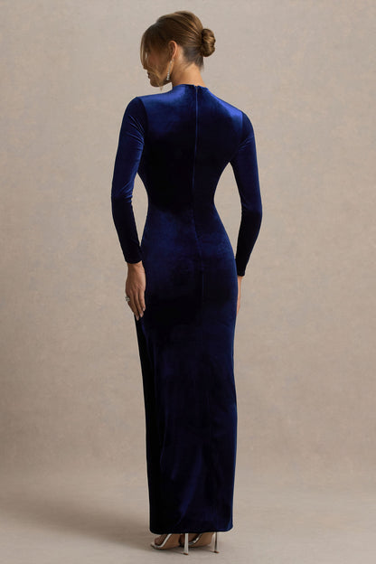 Wishes | Vestido Largo Azul Marino de Terciopelo con Escote Alto y Falda Cruzada