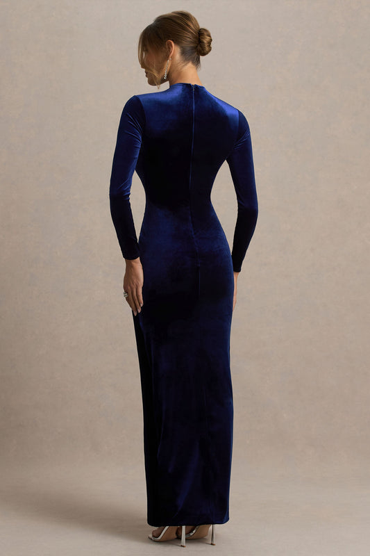 Wishes | Vestido Largo Azul Marino de Terciopelo con Escote Alto y Falda Cruzada