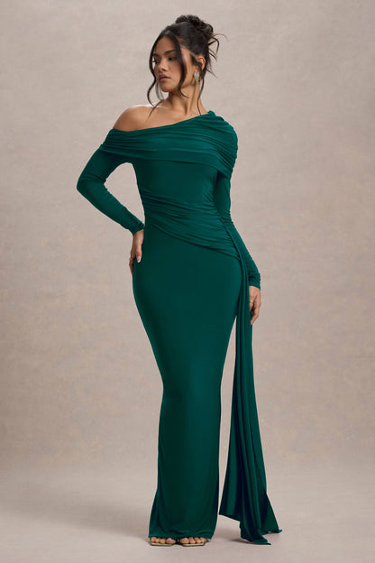 Valina | Vestido largo verde botella con drapeado lateral y mangas largas