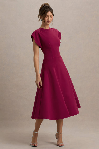 Linda | Vestido Midi Burdeos con Escote Alto y Mangas Cortas