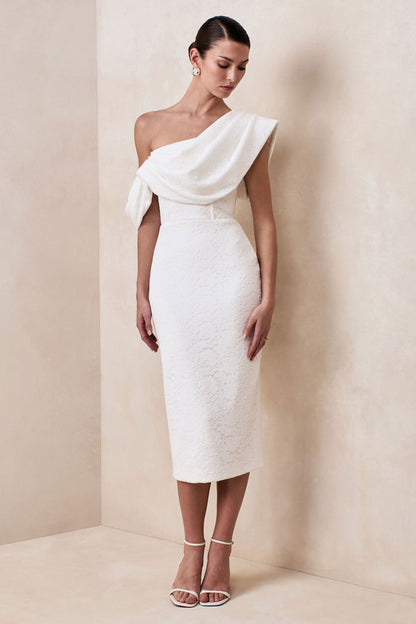 Farvera | Vestido Midi Blanco De Encaje Con Escote Asimétrico Y Detalle Drapeado