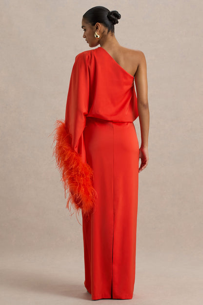 Felicity | Vestido Largo naranja de satén con escote asimétrico con plumas y detalles fruncidos