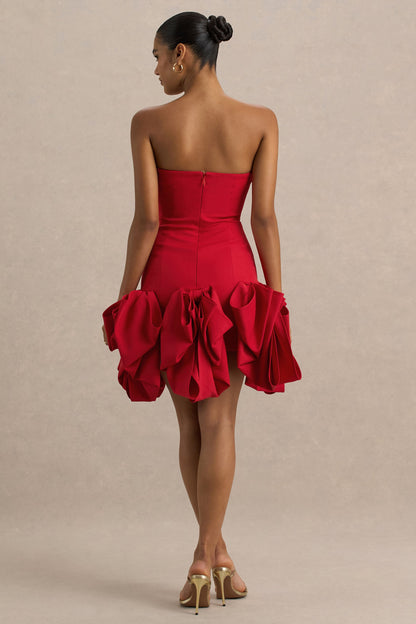 Erica | Vestido rojo corto con escote bandeau y falda globo