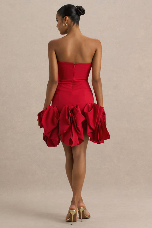 Erica | Vestido rojo corto con escote bandeau y falda globo