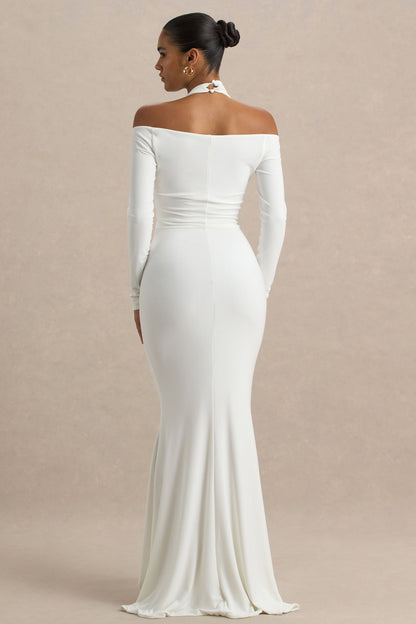 Living High | Vestido largo Blanco con Cuello Halter y Mangas Largas.