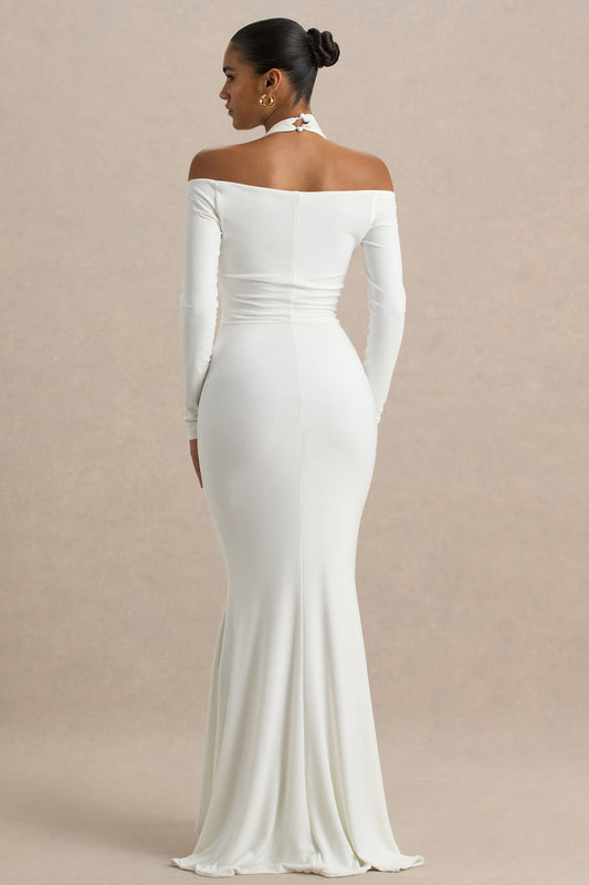 Living High | Vestido largo Blanco con Cuello Halter y Mangas Largas.