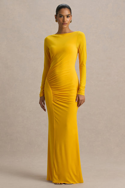 Diva | Vestido Largo Amarillo Con Escote Rasgado y Detalle Fruncido