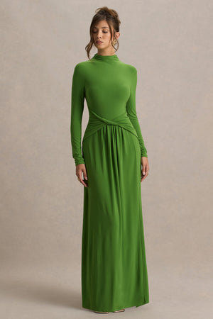Hourglass | Vestido Largo Verde de Manga Larga con Escote alto, Detalle Cruzado en la Cintura y Abertura Frontal