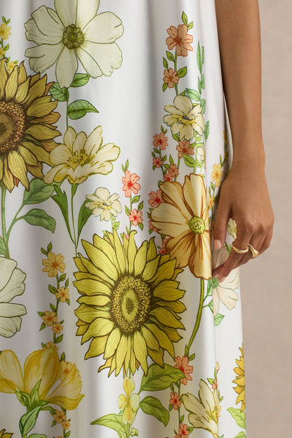 Glide | Vestido largo satinado con detalle de cuello con lazo y estampado de girasoles