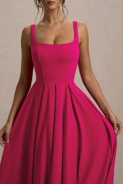 Parina | Vestido midi fucsia con escote cuadrado y falda voluminosa