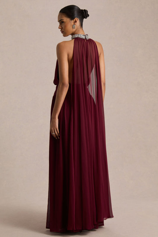 Marie | Vestido largo burdeos con escote halter y detalles adornados