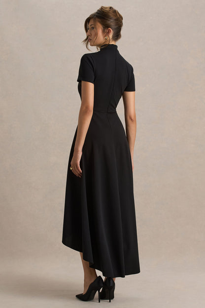 Bellona | Vestido Midi Negro De Cuello Alto Con Bajo Asimétrico
