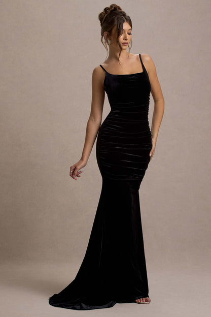 Adele | Vestido Largo Cola de Sirena con Tirantes y Fruncido de Terciopelo Negro